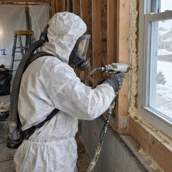 Worker sealing a narrow gap around a window frame