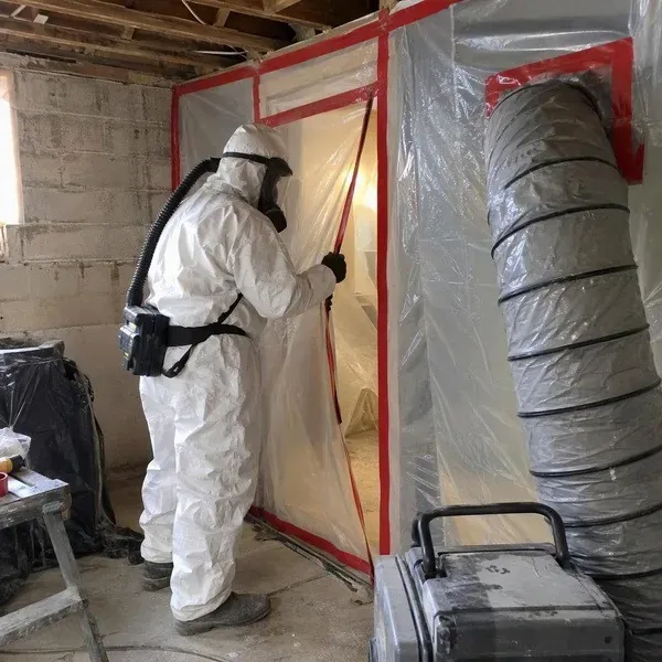Abatement worker in protective gear beside a sealed asbestos enclosure