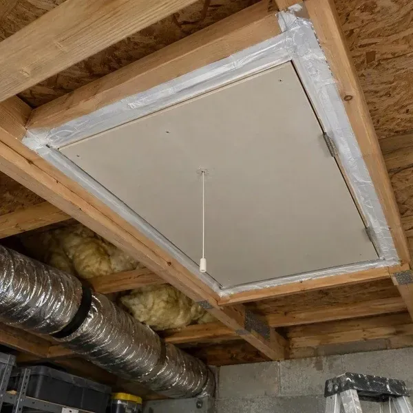 Attic hatch air sealed with tape to stop warm air leaking into the attic