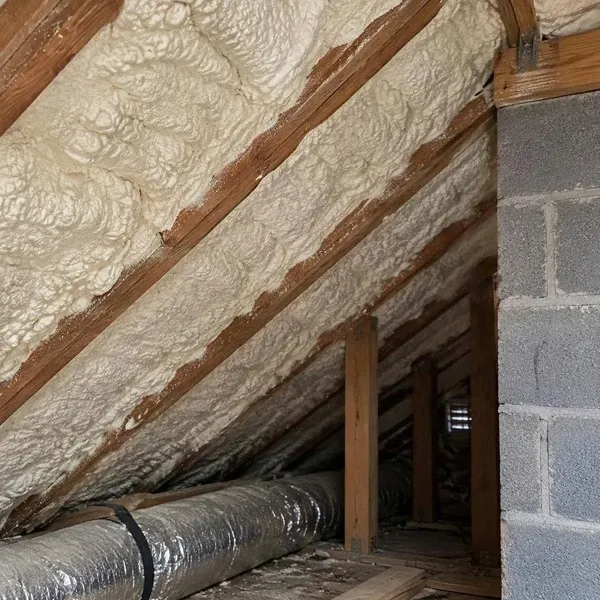 Spray foam sealing the joint where the attic roof meets the wall