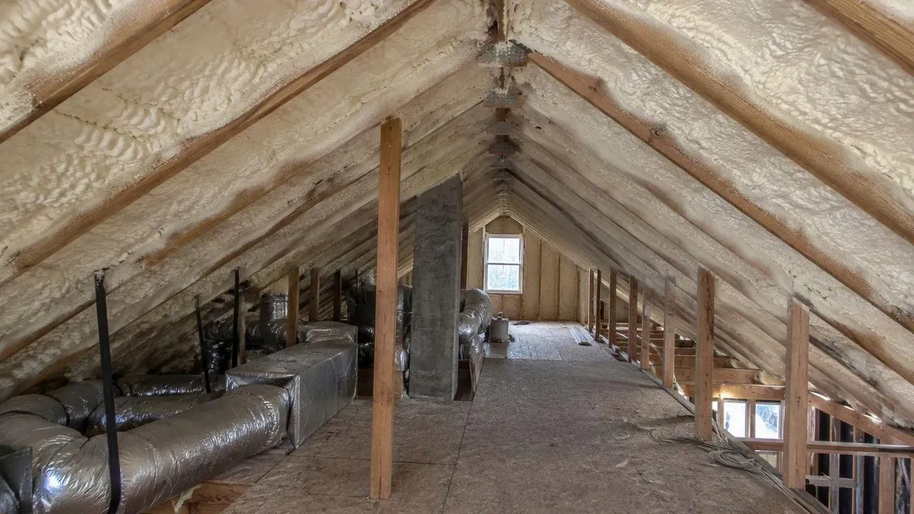 Long attic with closed cell spray foam on the roof rafters