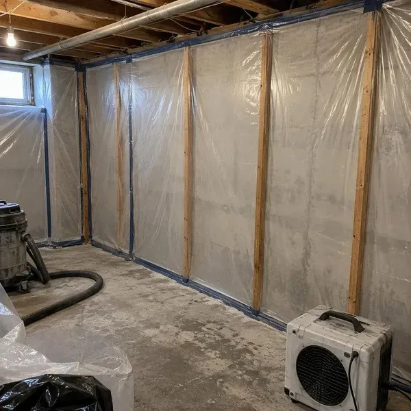 Plastic containment around a basement wall before mould removal