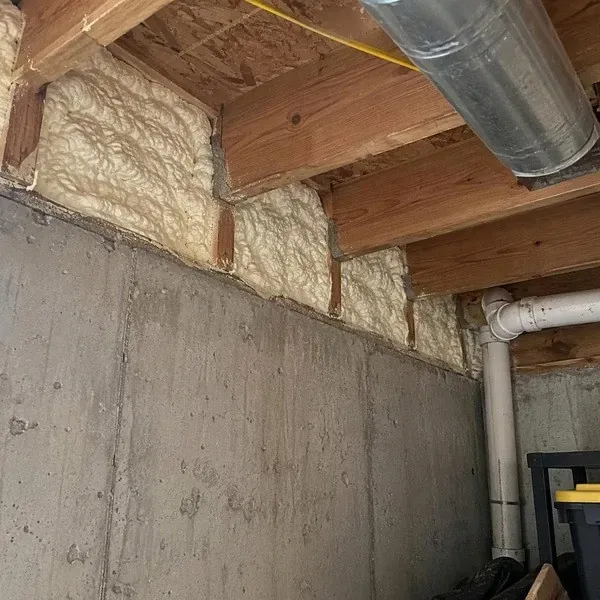 Basement rim joist cavities sealed with closed cell spray foam