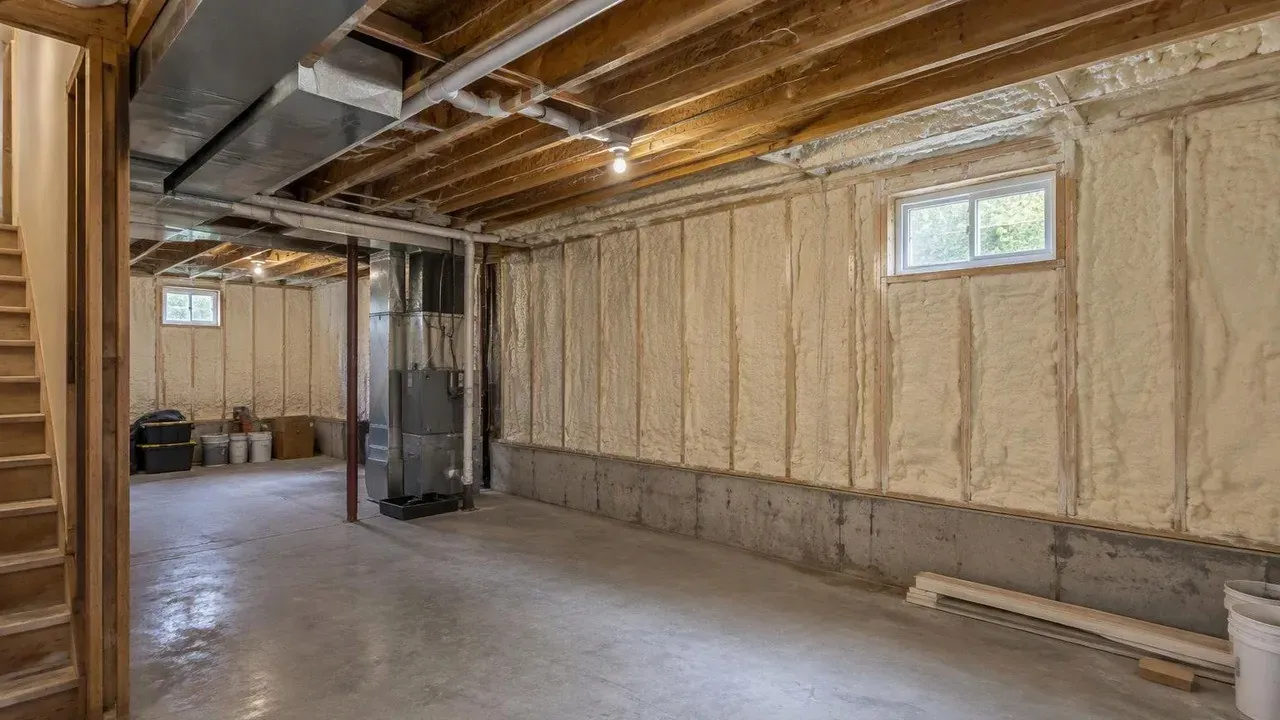 Unfinished basement with spray foam on the walls and rim joists
