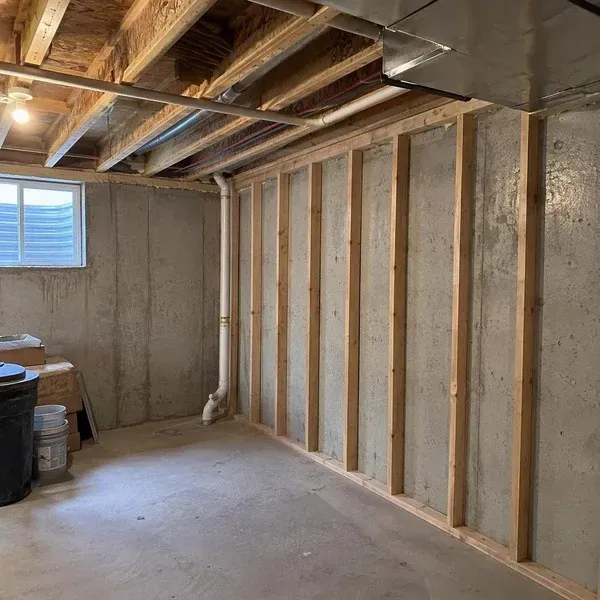Unfinished concrete basement before spray foam insulation