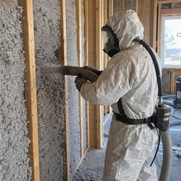 Installer blowing dense-pack cellulose into netted wall cavities