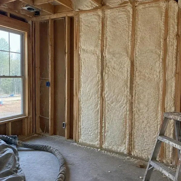 Spray foam filling exterior wall studs in a gutted living room