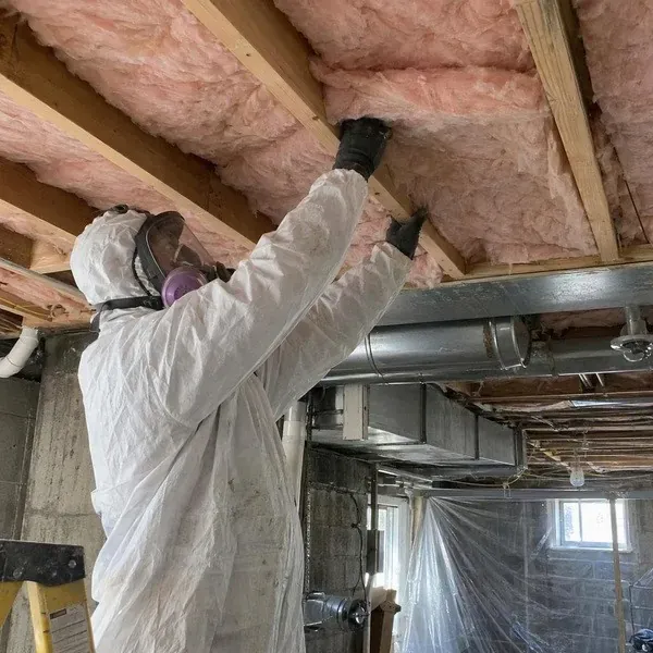 Worker installing fiberglass insulation under ceiling joists