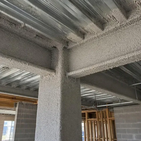 Textured fireproofing where a metal deck meets a steel beam