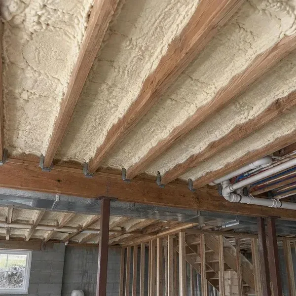 Spray foam fitted between exposed floor joists