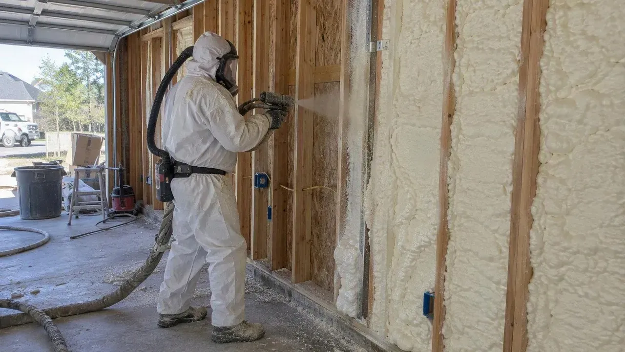 Installer spraying foam insulation inside a partly finished garage