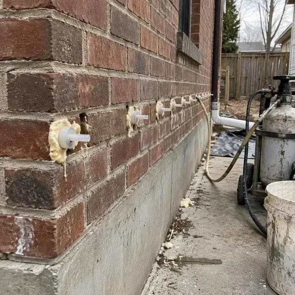 Brick wall with mortar joints drilled for injection foam insulation