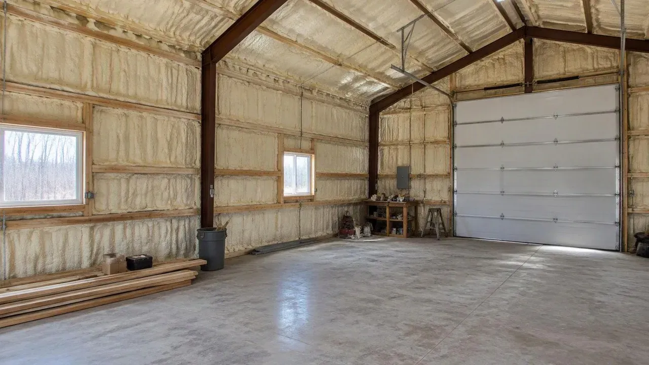 Metal workshop with spray foam insulated walls and ceiling