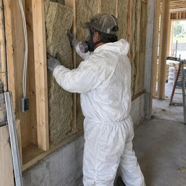 Worker placing a mineral wool batt in a wall cavity