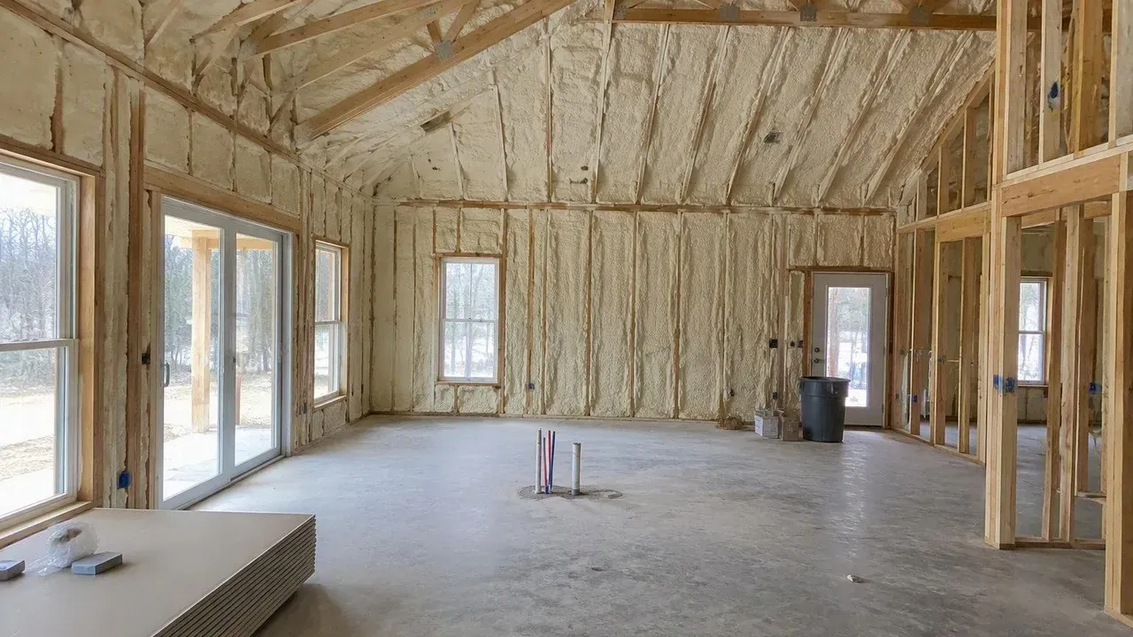 Open house interior freshly insulated with spray foam