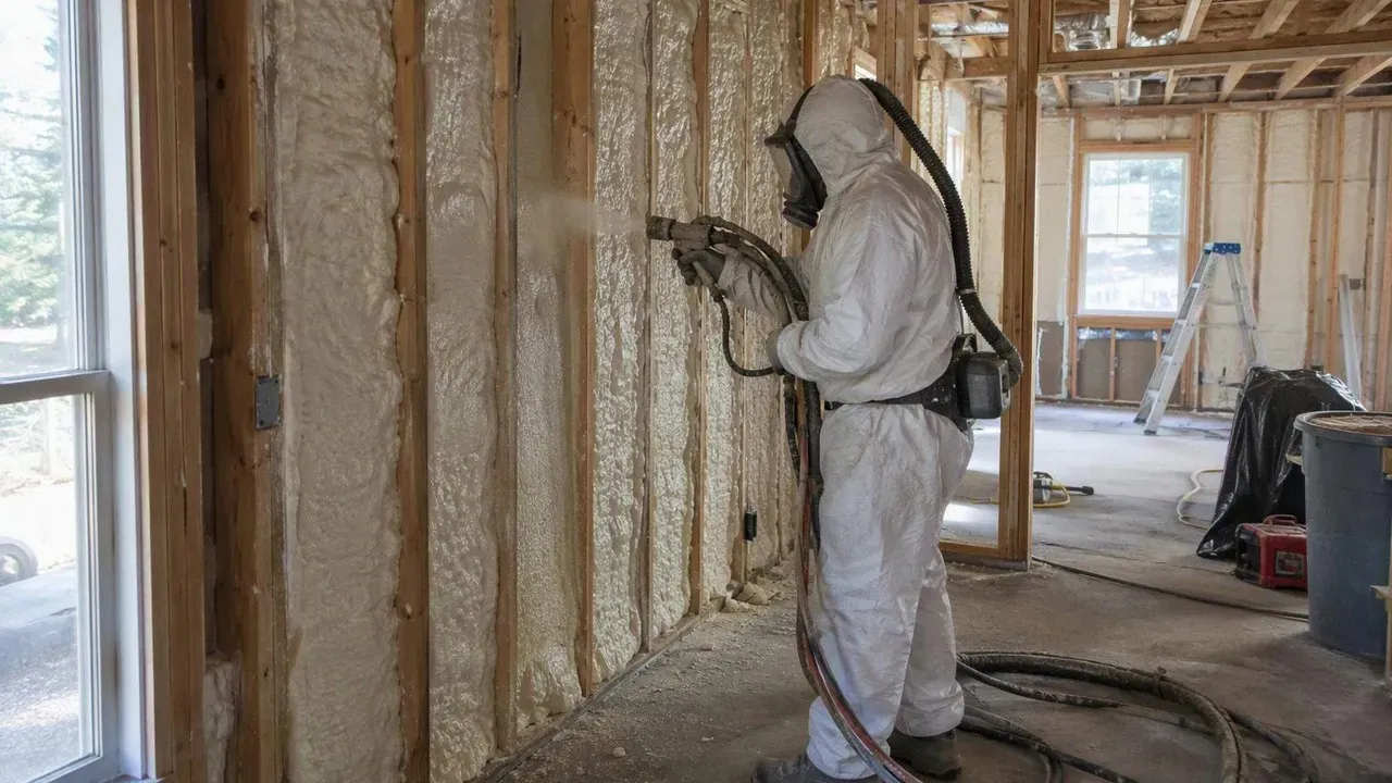Installer spraying closed cell foam into house wall framing