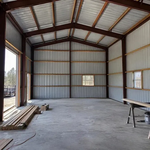 Bare steel building interior before spray foam insulation