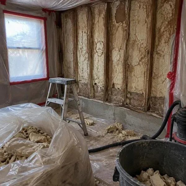 Renovation room sealed off with poly for UFFI insulation removal