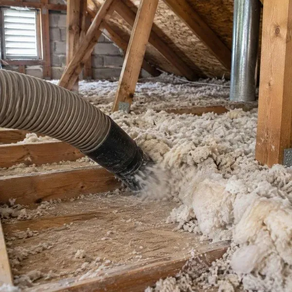 Vacuum hose removing old loose insulation from an attic floor